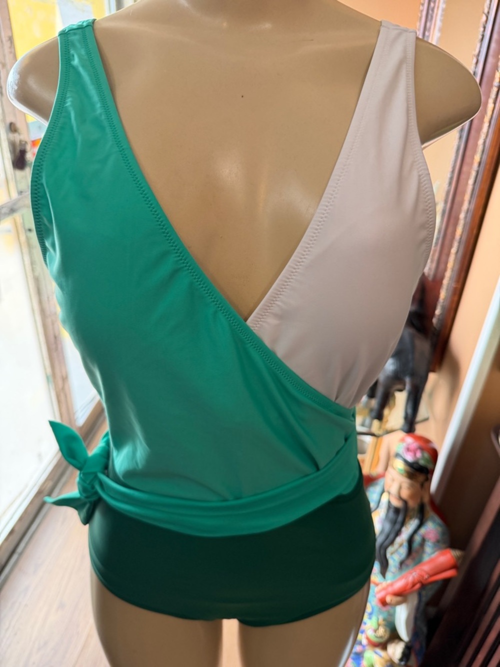 Cupshe Two-Tone One-Shoulder Wrap Dress in Teal and White